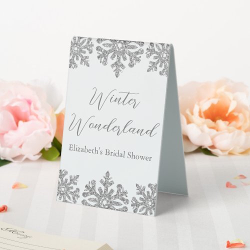 Silver Snowflake Winter Bridal Shower Table Tent Sign