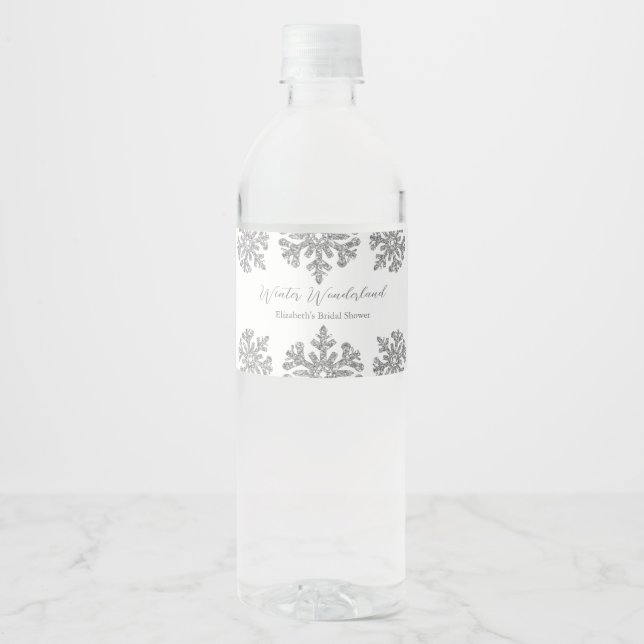 Silver Snowflake Winter Bridal Shower Water Bottle Label (Front)
