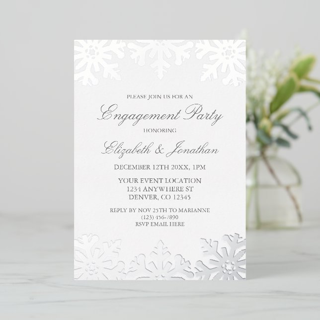 Silver Snowflake Winter Engagement Party Foil Invitation (Standing Front)