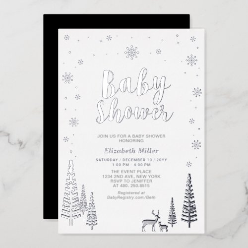 Silver Snowflake Winter Forest Baby Shower Foil Foil Invitation