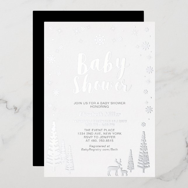 Silver Snowflake Winter Forest Baby Shower Foil Invitation (Front/Back)