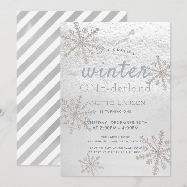 Silver Snowflake Winter Onederland 1st Birthday Invitation (Front/Back)