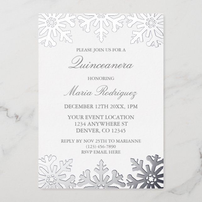 Silver Snowflake Winter Quinceanera Foil Invitation (Front)