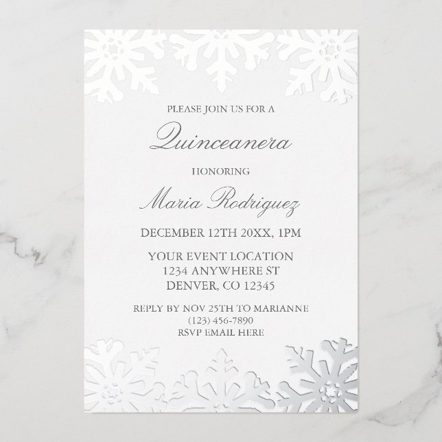 Silver Snowflake Winter Quinceanera Foil Invitation (Front)