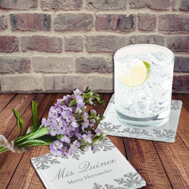 Silver Snowflake Winter Quinceanera Glass Coaster (Creator Uploaded)