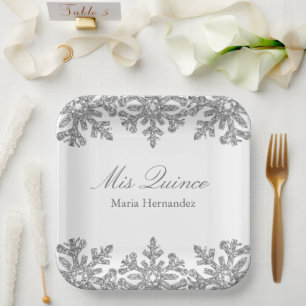 Silver Snowflake Winter Quinceanera Paper Plates