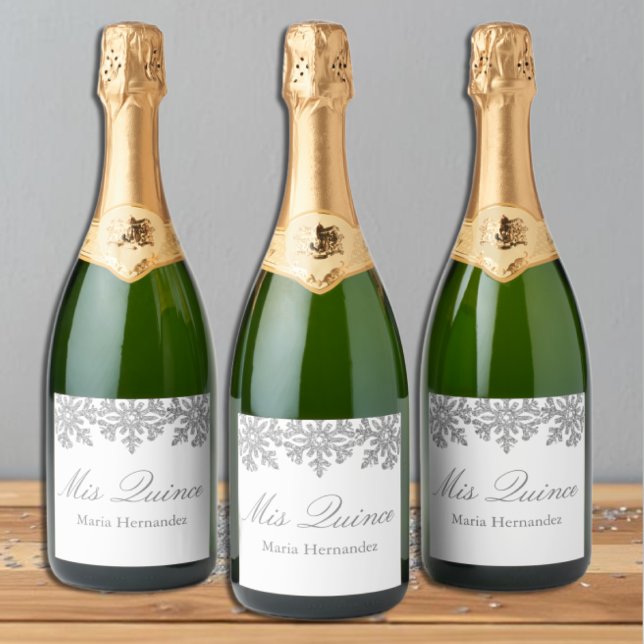 Silver Snowflake Winter Quinceanera Sparkling Wine Label (Creator Uploaded)