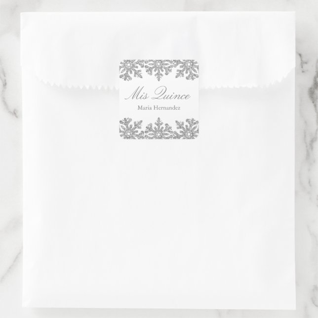 Silver Snowflake Winter Quinceanera Square Sticker (Bag)