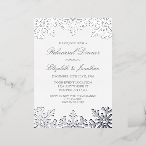 Silver Snowflake Winter Rehearsal Dinner Foil Invitation