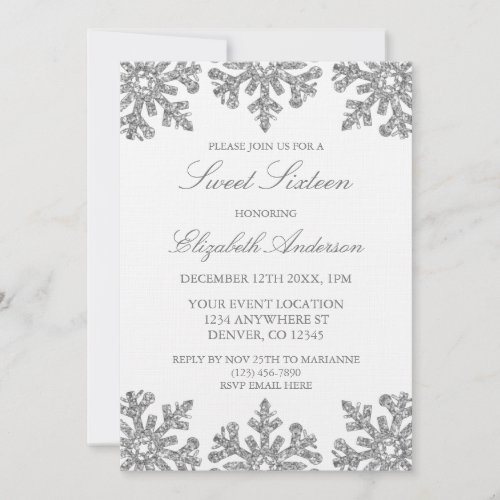 Silver Snowflake Winter Sweet 16 Invitation