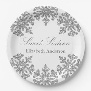 Silver Snowflake Winter Sweet 16 Paper Plates