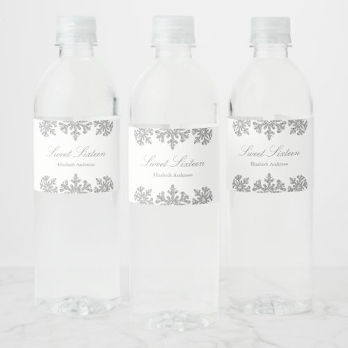 Silver Snowflake Winter Sweet 16 Water Bottle Label