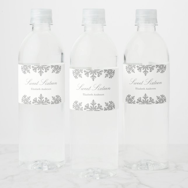 Silver Snowflake Winter Sweet 16 Water Bottle Label (Bottles)