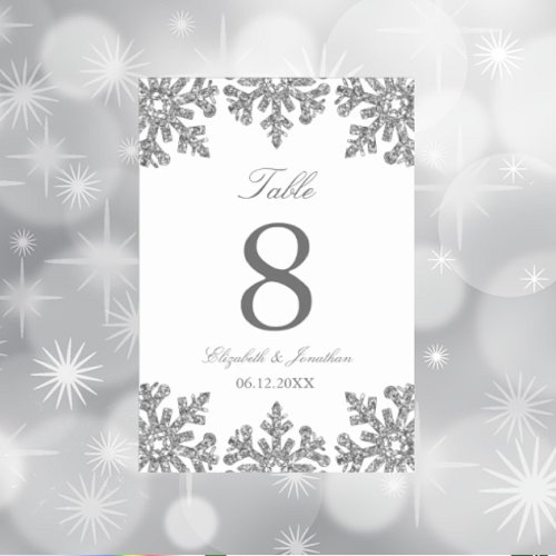 Silver Snowflake Winter Wedding Table Number