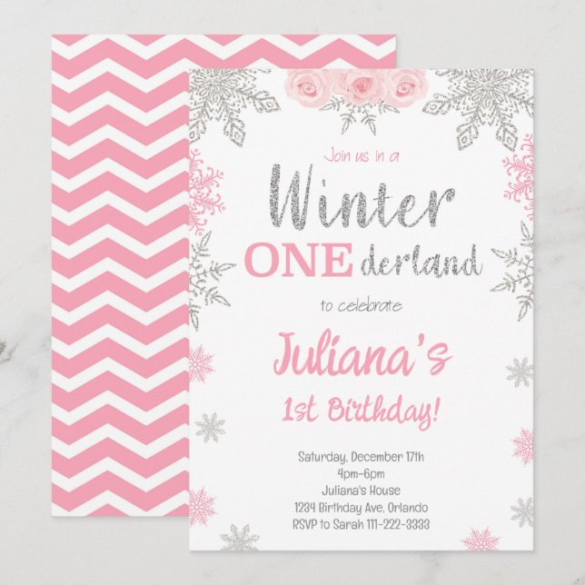 Silver Snowflake Winter Wonderland Birthday Invite (Front/Back)