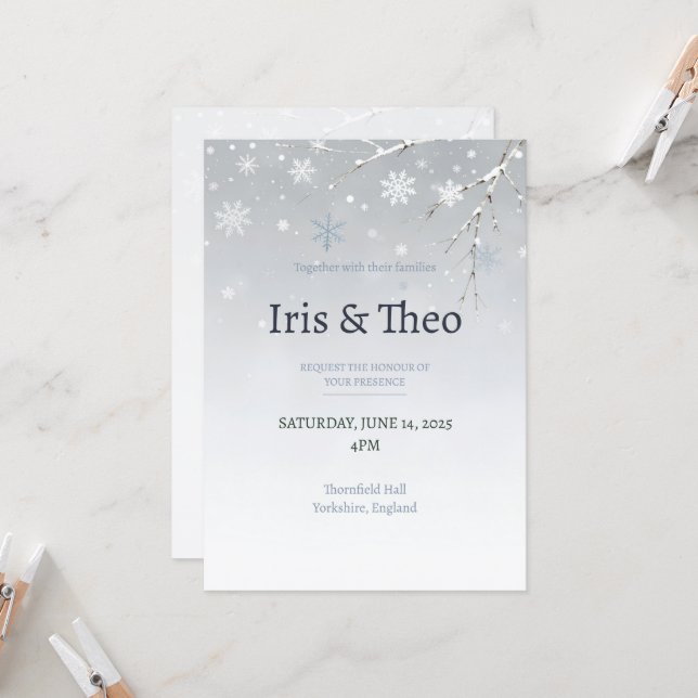Silver Snowflake Winter Wonderland Elegant Wedding Invitation (Front/Back In Situ)