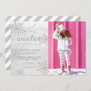 Silver Snowflake Winter Wonderland Photo Birthday Invitation