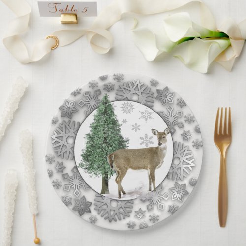 Silver Snowflake with Whitetail Deer Holiday  Paper Plates