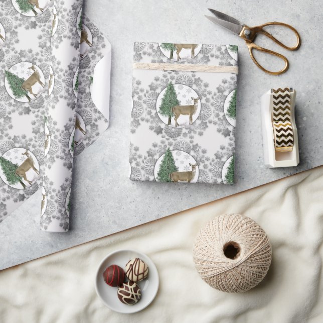 Silver Snowflake with Whitetail Deer  Wrapping Paper (Crafts)