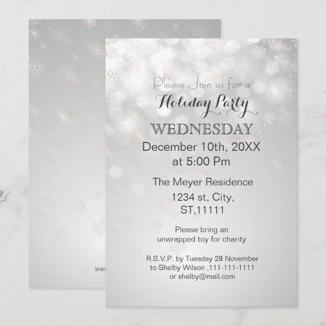 silver snowflakes and bokeh holiday party Invites (Front/Back)