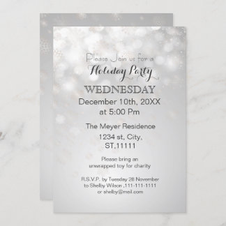 silver snowflakes and bokeh holiday party Invites