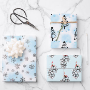 Silver Snowflakes and mistletoe with blue  Wrapping Paper Sheets