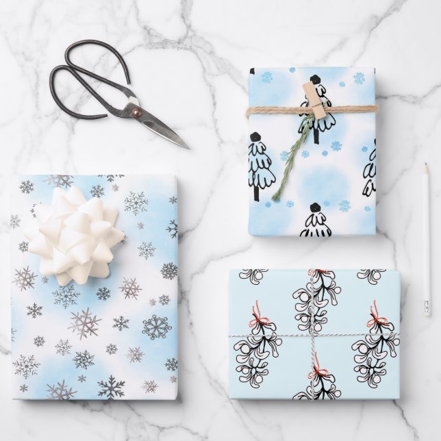 Silver Snowflakes and mistletoe with blue  Wrapping Paper Sheets (Front)