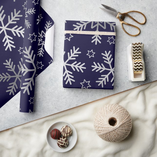 Silver Snowflakes and Stars on Navy Blue Winter Wrapping Paper (Crafts)