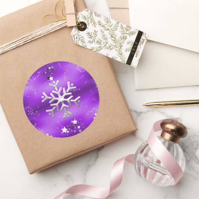 Silver Snowflakes and Stars Purple Christmas Classic Round Sticker (Gifting)