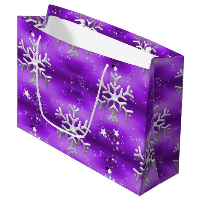 Silver Snowflakes and Stars Purple Christmas Large Gift Bag (Front Angled)