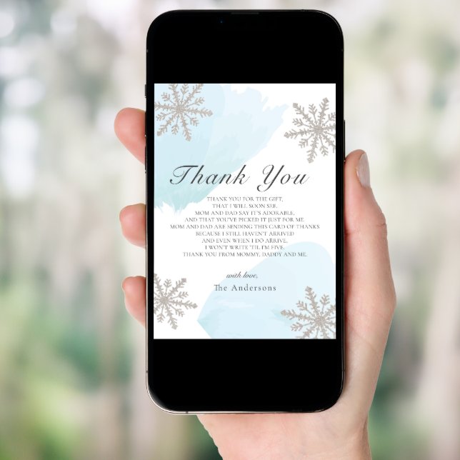 Silver Snowflakes Blue Baby Shower Thank You Card (Front Digital)