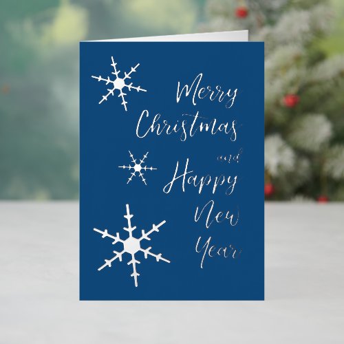 Silver Snowflakes Christmas Happy New Year Blue Foil Holiday Card