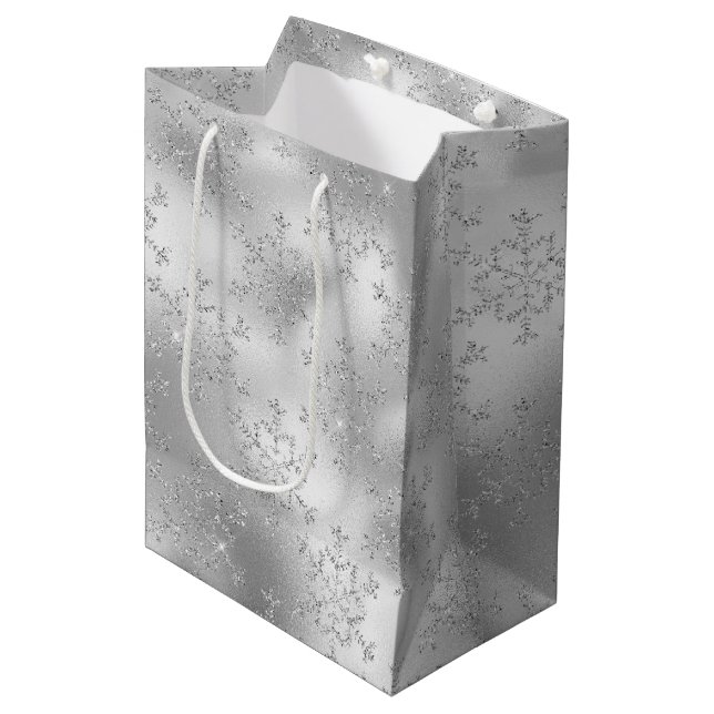 Silver Snowflakes Christmas Medium Gift Bag (Front Angled)