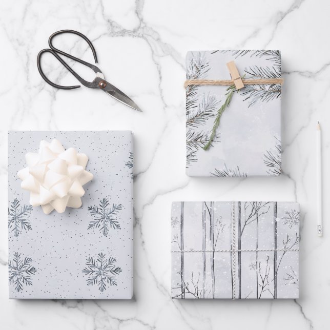 Silver Snowflakes Christmas Tree Branches Wrapping Paper Sheets (Front)