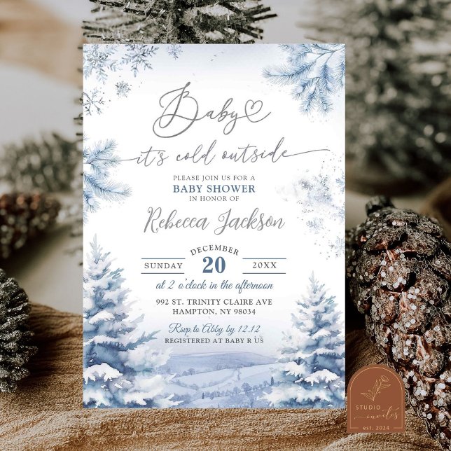 Silver Snowflakes Cold Christmas Tree Baby Shower Invitation (Creator Uploaded)