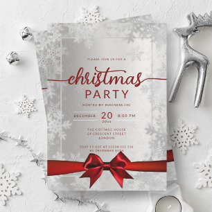 Silver Snowflakes Company Christmas Red Ribbon Invitation