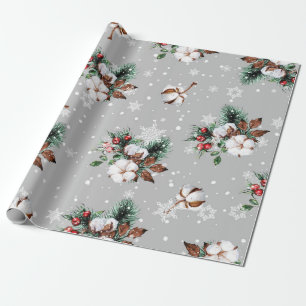 Silver Snowflakes, Cotton Balls, Holly, Evergreen Wrapping Paper