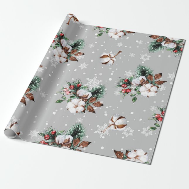 Silver Snowflakes, Cotton Balls, Holly, Evergreen Wrapping Paper (Unrolled)