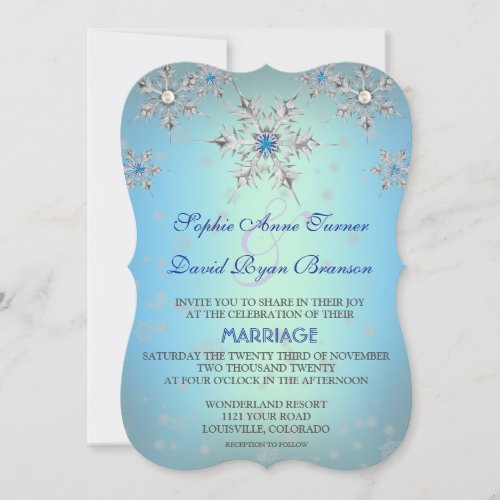 Silver Snowflakes Crystal Blue Pearl Wedding Invitation