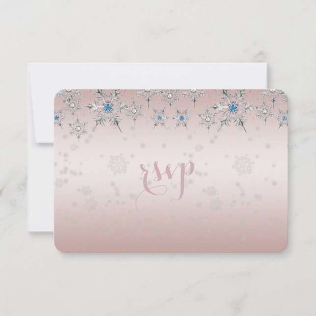 Silver Snowflakes Crystal Pearl Pink Wedding RSVP (Front)