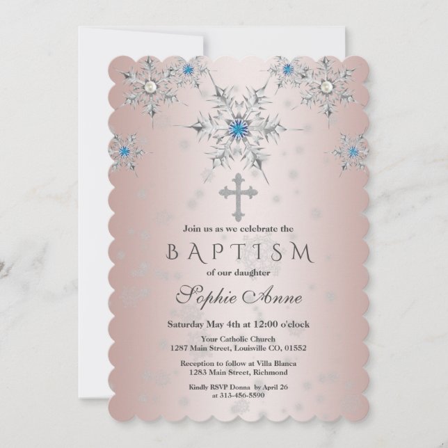 Silver Snowflakes Crystals Blue Pearl Pink Baptism Invitation (Front)