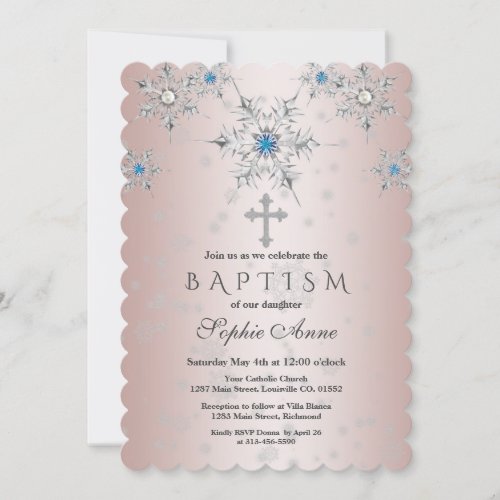 Silver Snowflakes Crystals Blue Pearl Pink Baptism Invitation