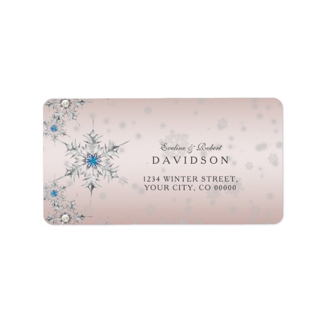 Silver Snowflakes Crystals Blue Pearl Pink Baptism Label (Front)