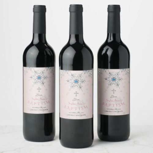 Silver Snowflakes Crystals Blue Pearl Pink Baptism Wine Label