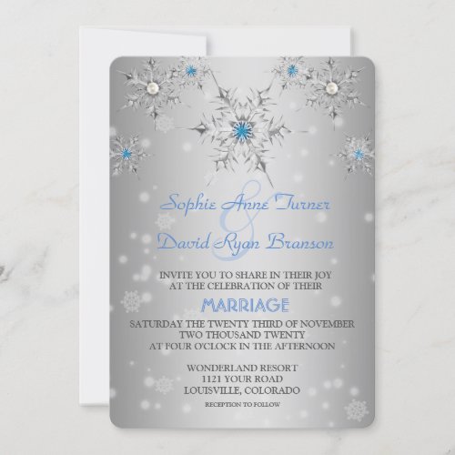 Silver Snowflakes Crystals Blue Pearls Wedding Invitation