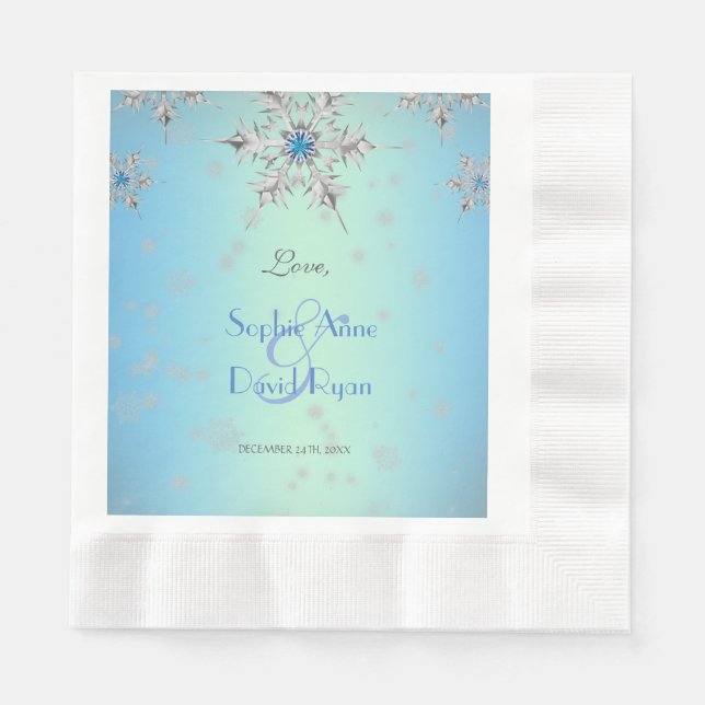 Silver Snowflakes Crystals Blue Pearls Wedding Paper Napkins (Front)