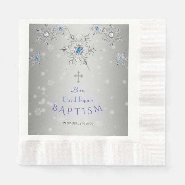 Silver Snowflakes Crystals Pearls Grey Boy Baptism Napkins (Front)