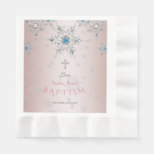 Silver Snowflakes Crystals Pink Pearls Baptism Napkins