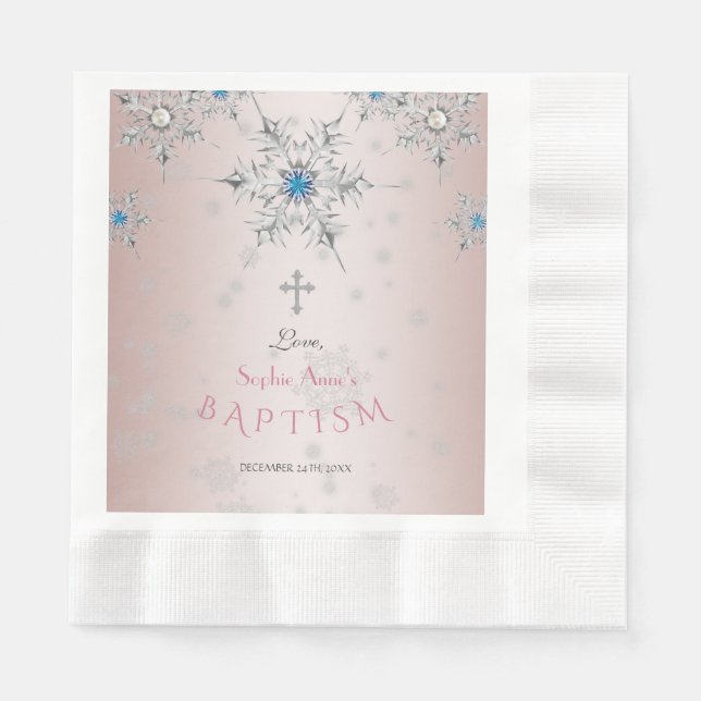 Silver Snowflakes Crystals Pink Pearls Baptism Napkins (Front)