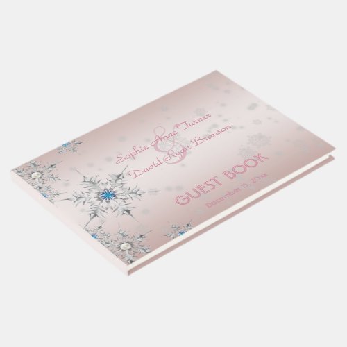 Silver Snowflakes Crystals Pink Pearls Wedding Guest Book